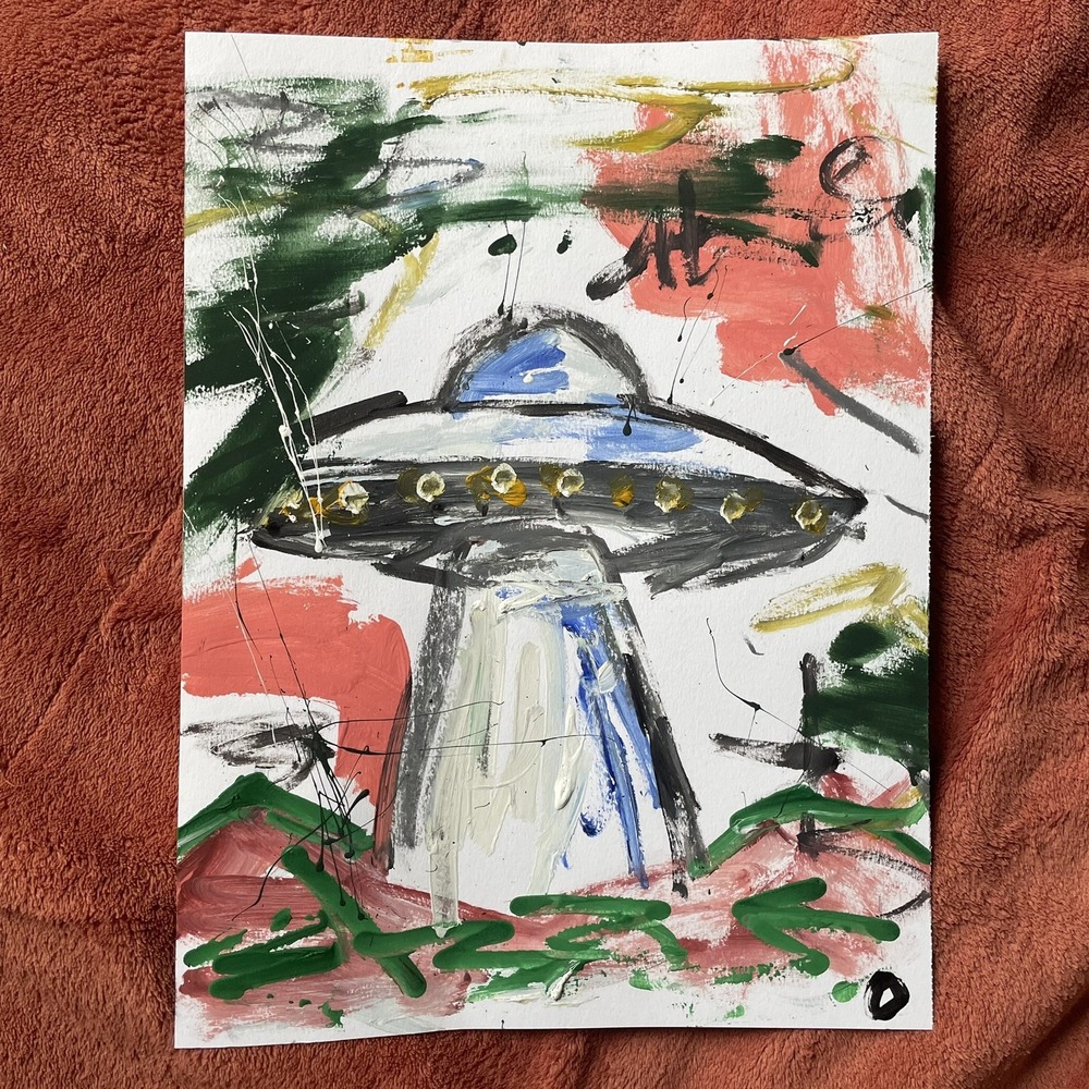 UFO Alien Spaceship Original Painting 9x12 Abstract Sci Fi Outer Space Pop Art